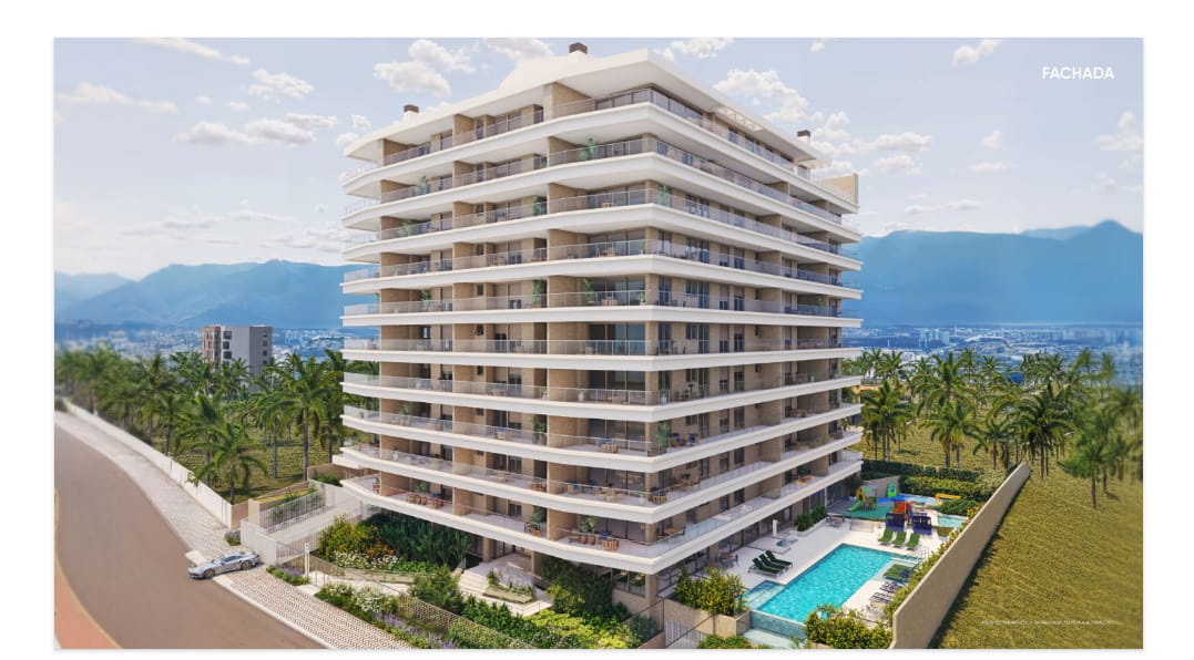 Fachada de edifício residencial moderno no centro de Bertioga com piscina e áreas verdes