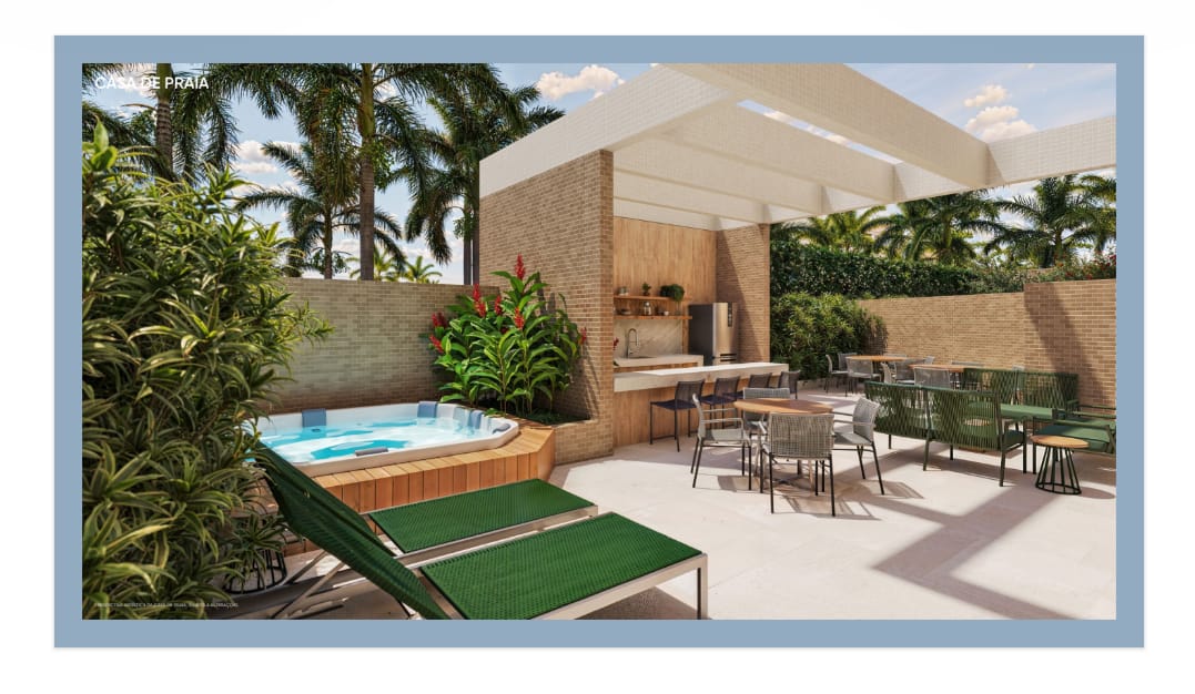 Área externa de casa de praia com jacuzzi, pergolado e espaço gourmet